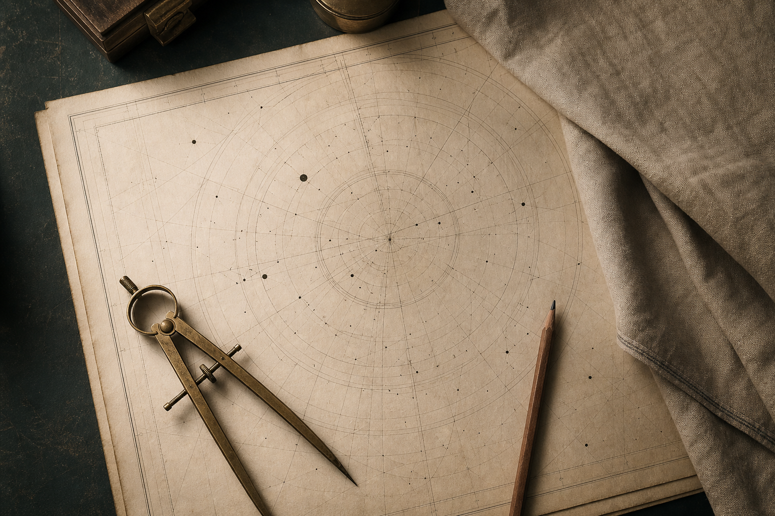 Celestial chart, brass dividers and pencil on the workbench