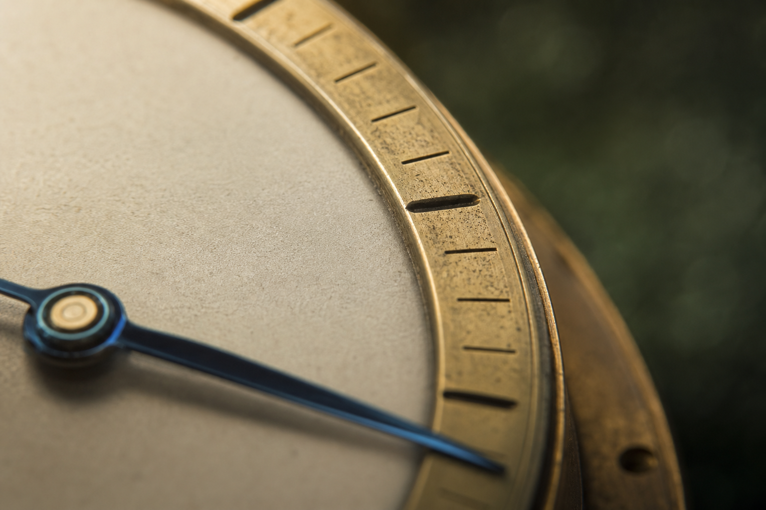 Macro detail of a chronometer's graduated brass chapter ring and blued steel hand
