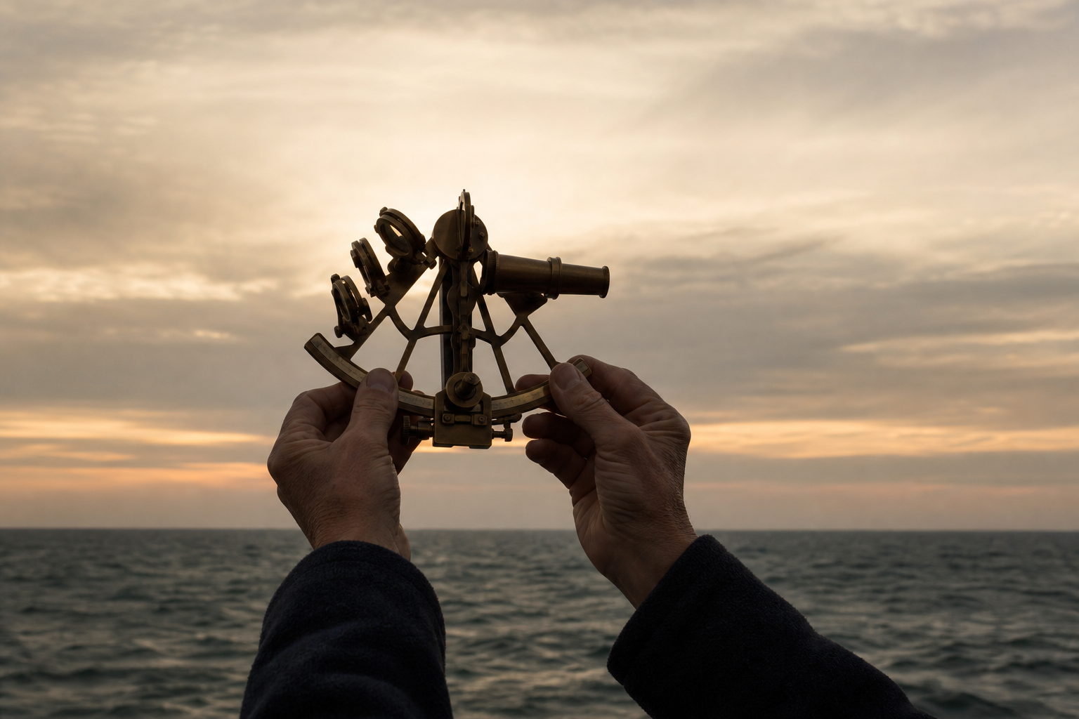 Hands holding a brass sextant against a dusk horizon at sea