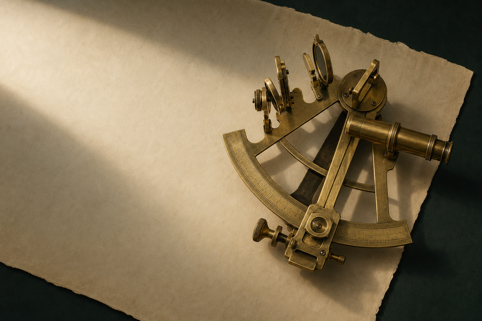 Brass sextant on vellum chart paper, photographed from above in soft directional light