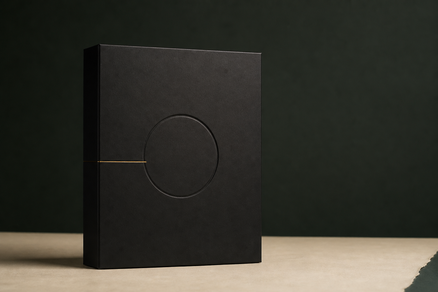 Matte black presentation box with debossed circle and brass line